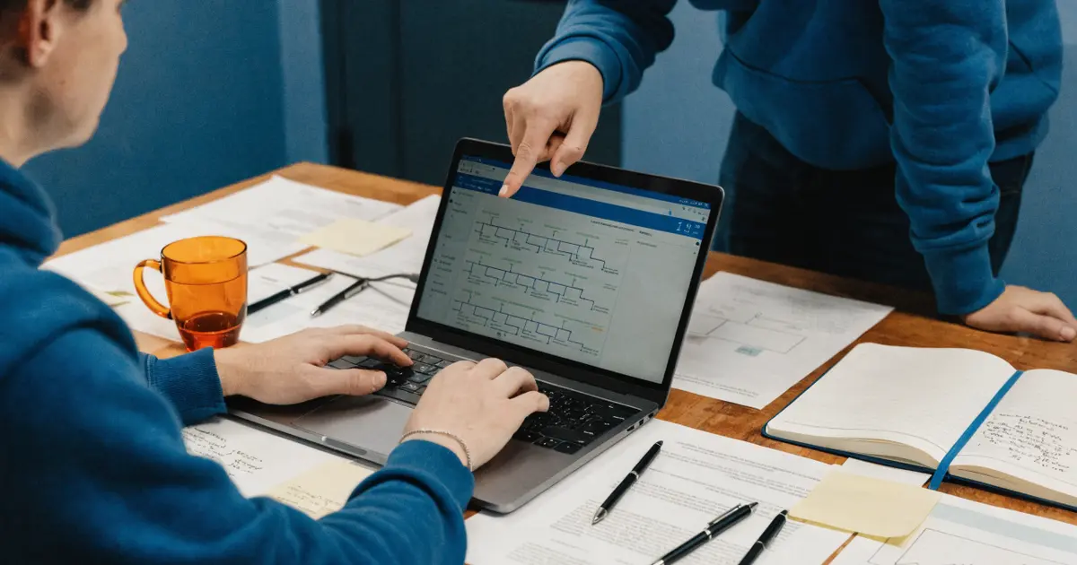 A mid-market business owner and an AI consultant reviewing a workflow analysis on a laptop at a conference table, with operational reports spread nearby.