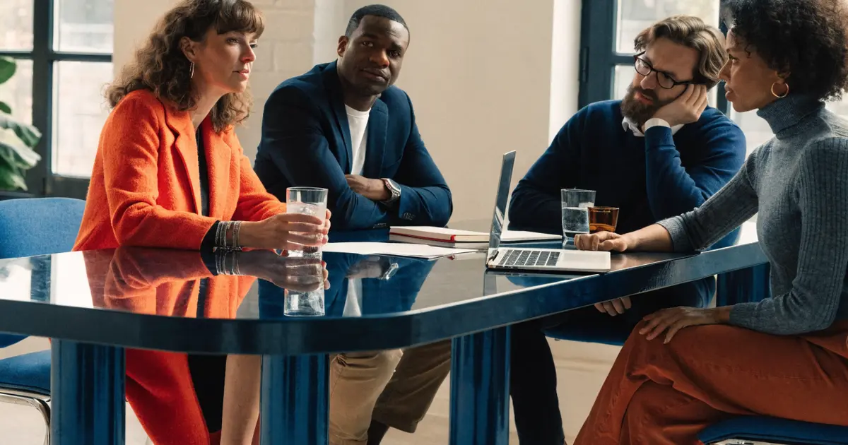 A business owner sitting with a small group of employees around a table, having a calm, direct conversation about AI tools and how they fit into daily work