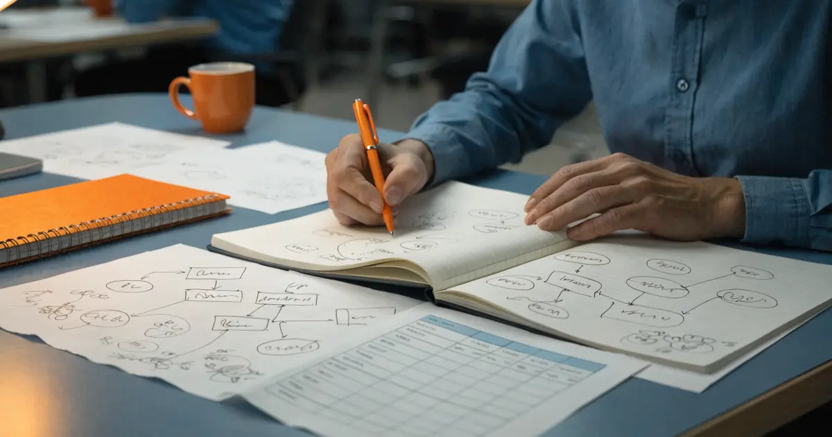 A mid-market business owner reviewing an AI adoption roadmap at a desk, with notes and a framework document in front of them