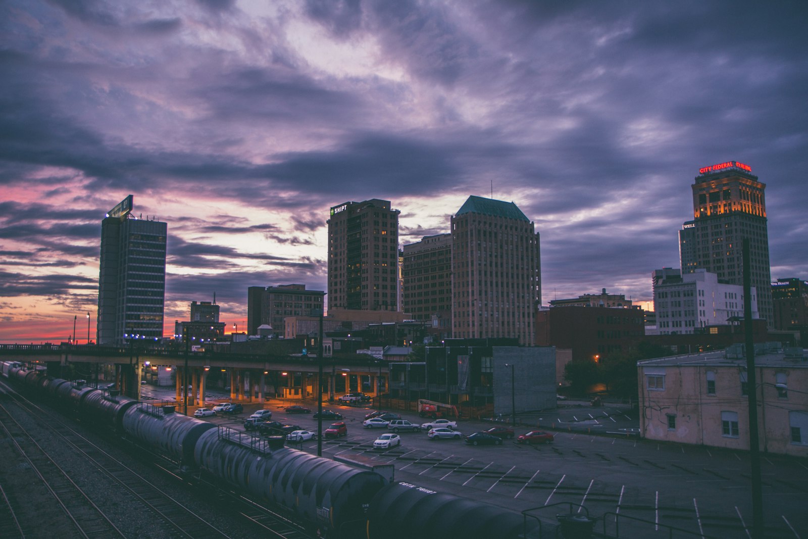 Bird's-eye view of high-rise buildings and the historic train station in Birmingham, AL