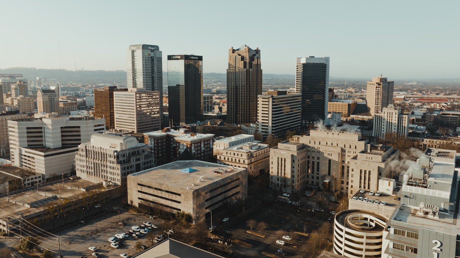 Aerial view of downtown Birmingham, Alabama at sunrise